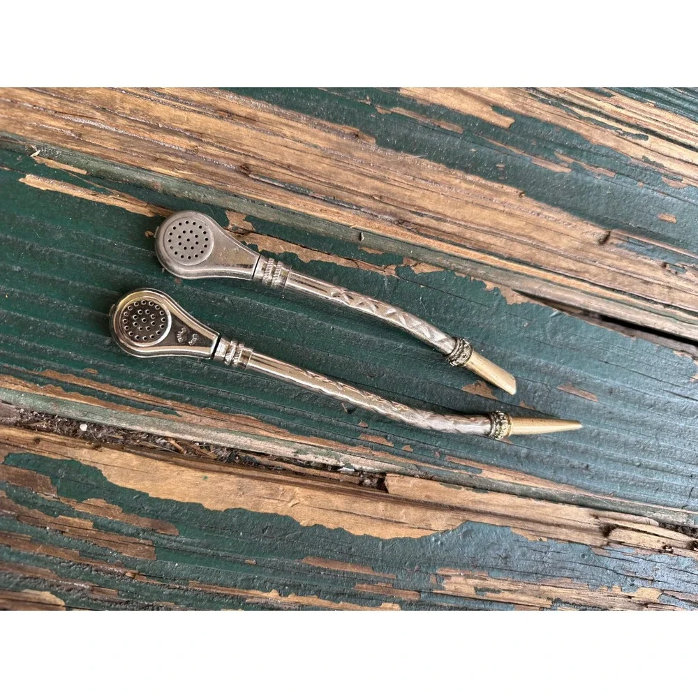 Vintage Alpaca Silver Yerba Mate Bombilla Straws Set of 2 Ornate Tea Strainers
